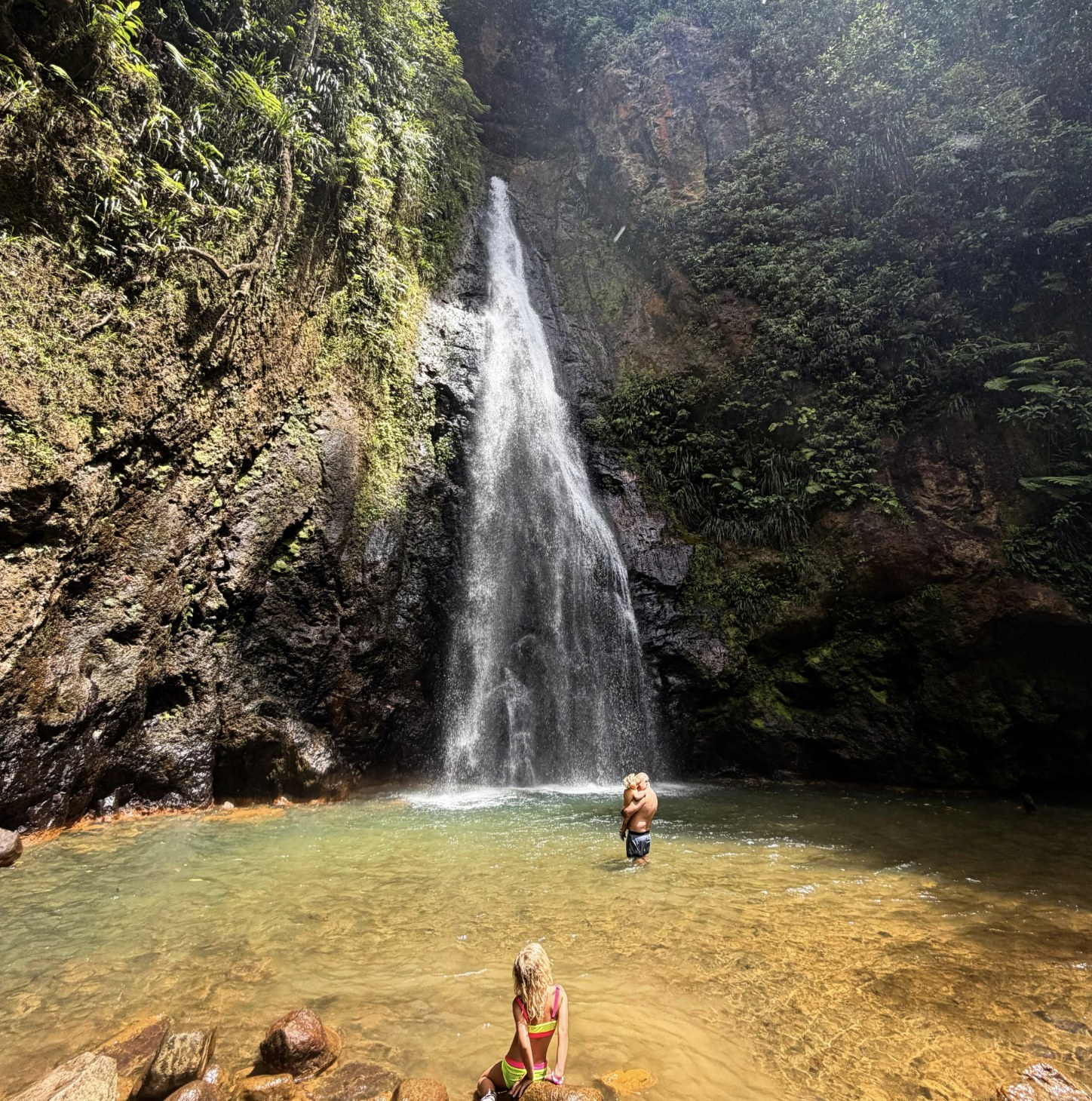 A waterfall in a lush landscape during a family outing.